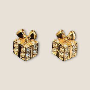 Christmas Gift Box Rhinestone Gold-Tone Earrings By Avon
